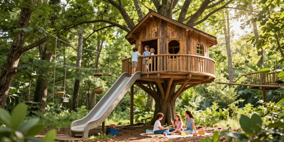 Family enjoying tree house life in a beautifully designed treehouse surrounded by nature.