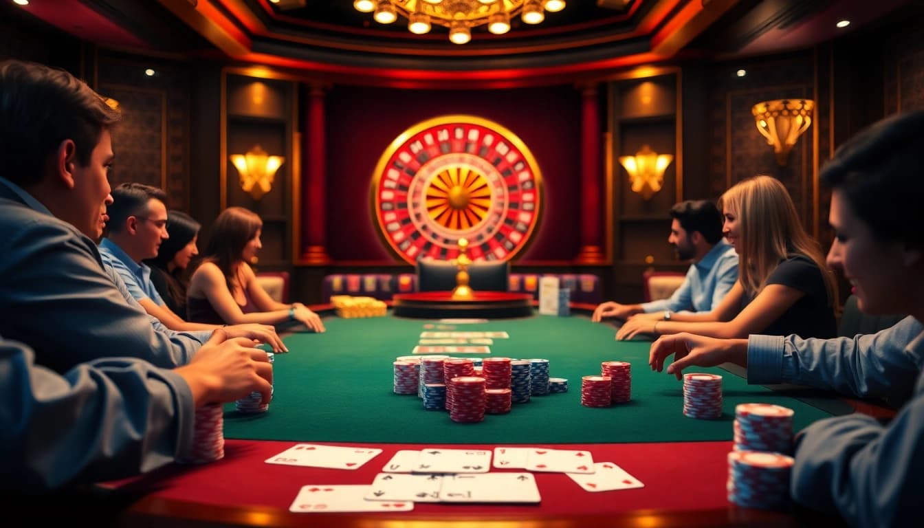 Participez à l'excitation du casino en ligne Français 2026 à une table de poker luxueuse avec des jetons et des cartes vibrants.