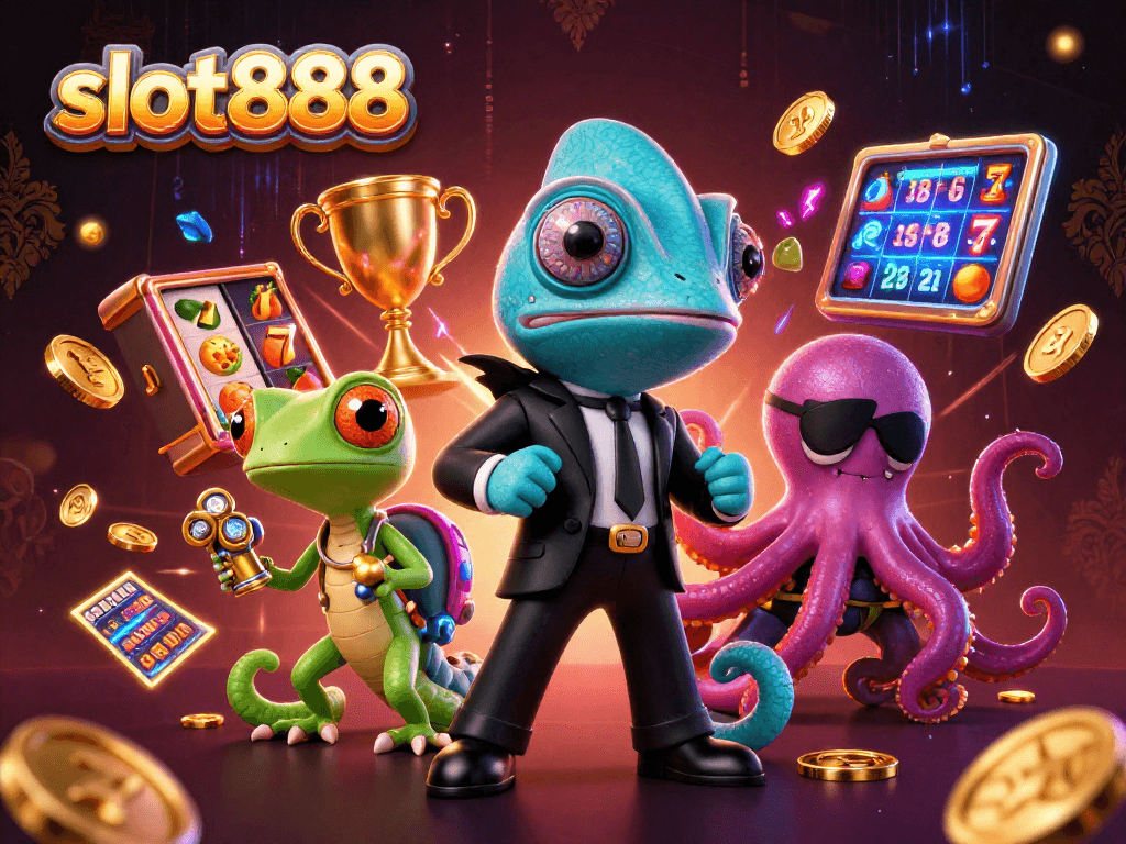 Slot888 hadir dalam ilustrasi yang menarik, menampilkan agen rahasia dan elemen permainan slot.