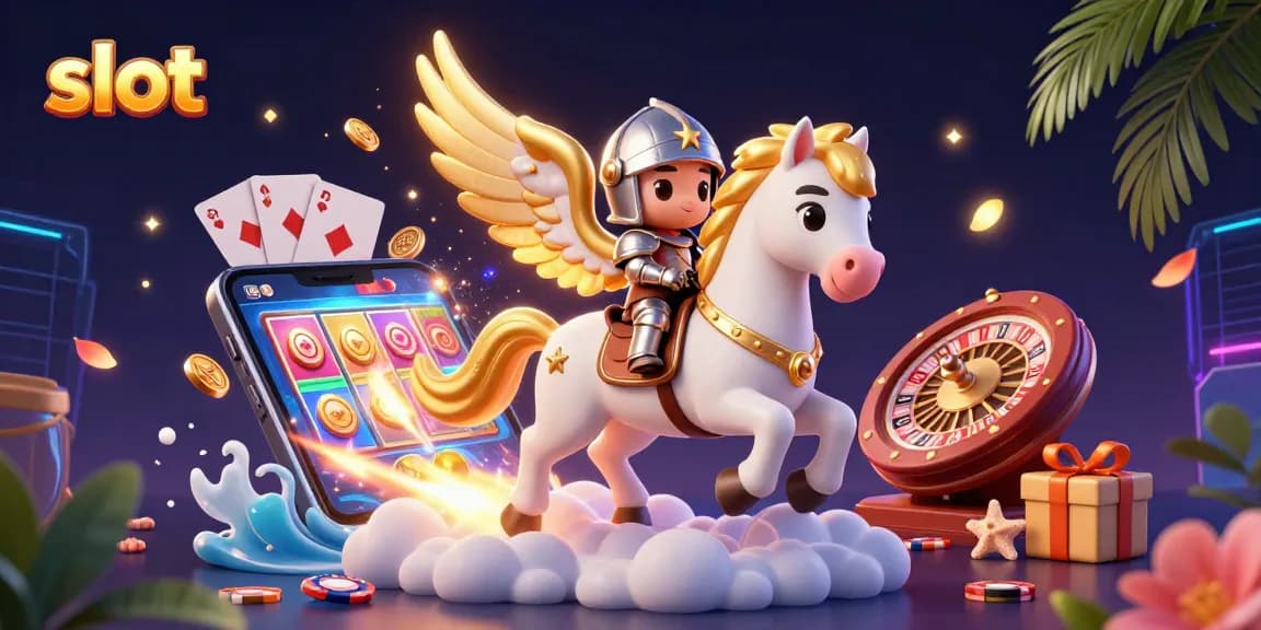 Slot permainan menarik dengan ponsel 3D, koin emas, dan karakter unik dalam ilustrasi kasino ceria.