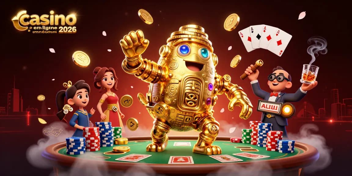 Illustration captivante de casino en ligne retrait immédiat 2026 avec un golem doré entouré de cartes et de jetons