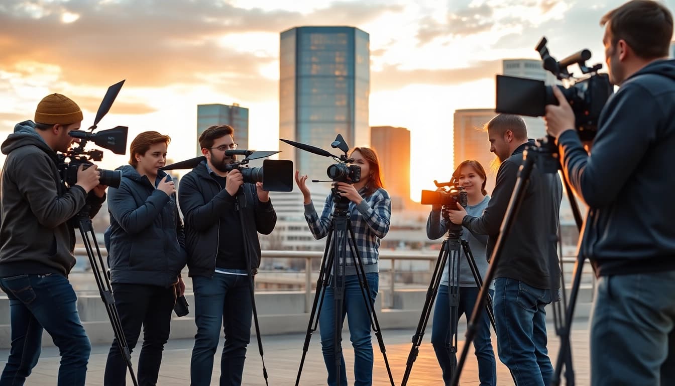 Engaged team in video production Edmonton with city backdrop, showcasing creative collaboration.