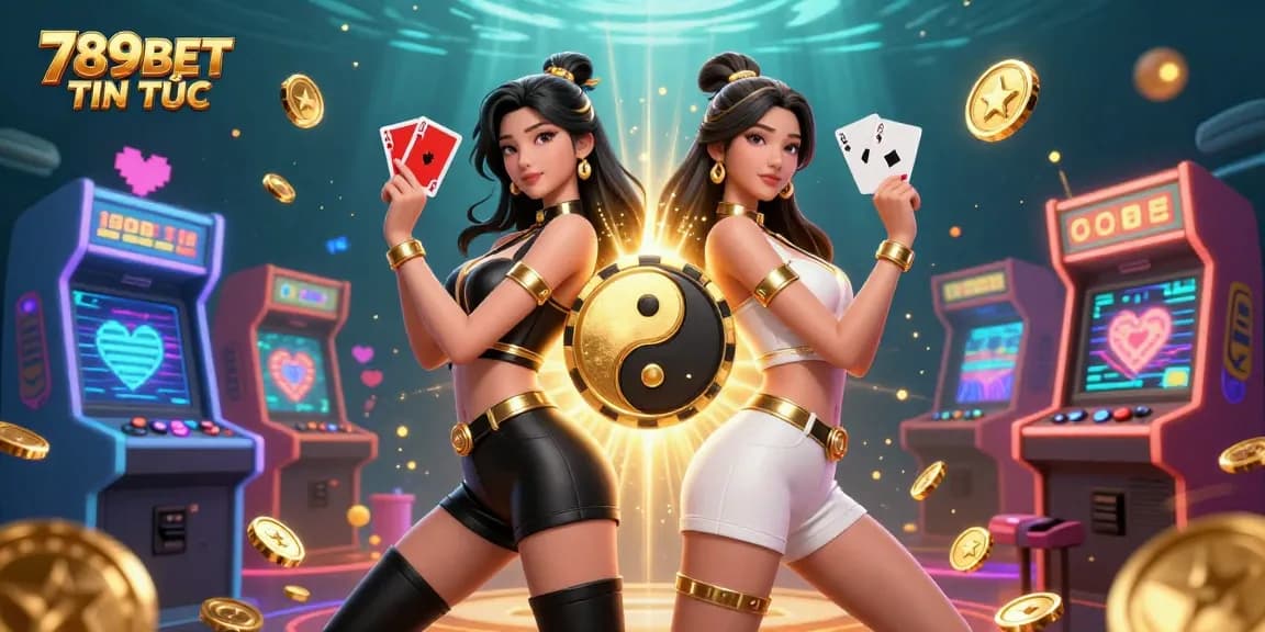 Experience thrilling action with 789BET TIN TỨC in this vibrant illustration of twin Asian women engaged with casino cards and gaming elements.