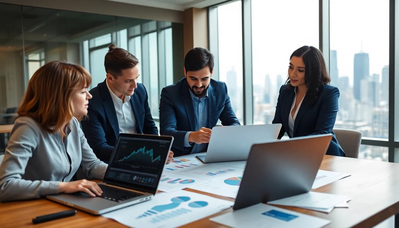 Analyze b2b competitive intelligence data with a focused team collaborating in a modern office.