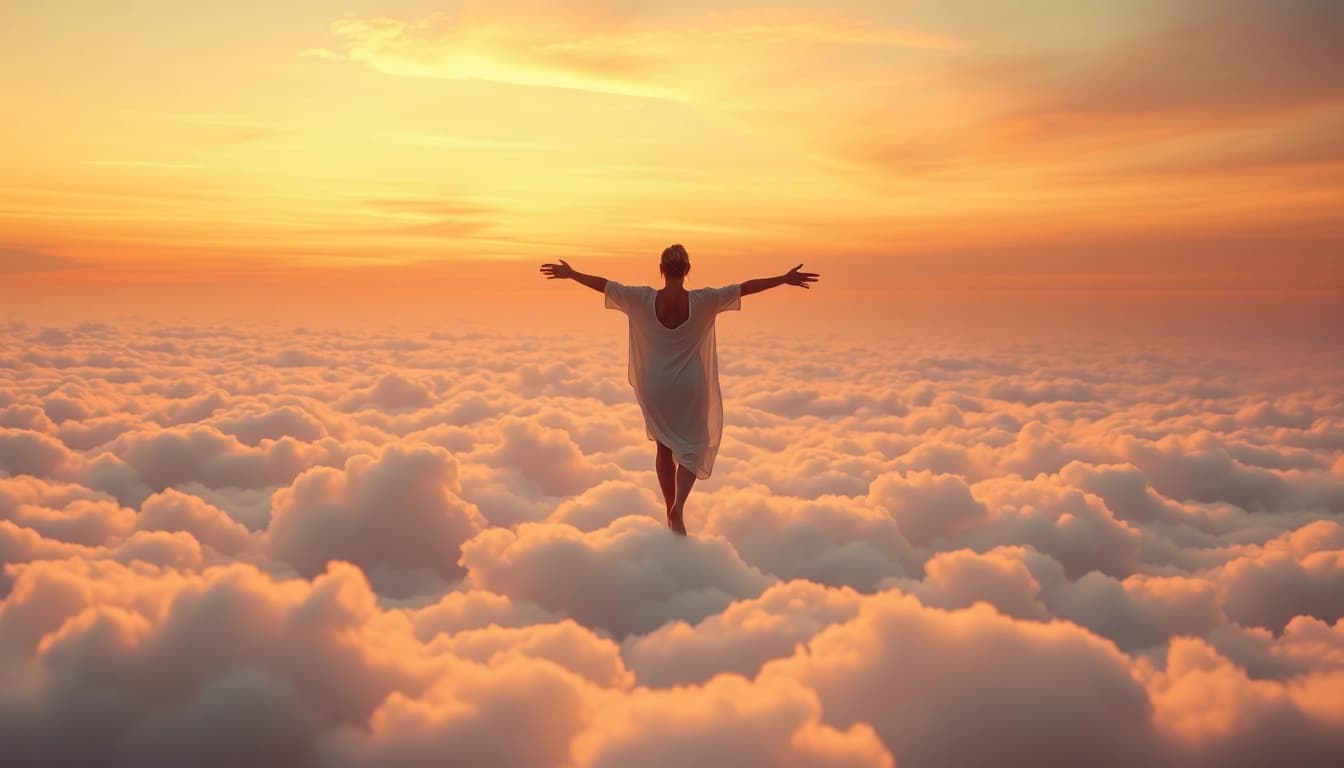 Experience Walking on Clouds while embracing freedom in a serene sky setting.