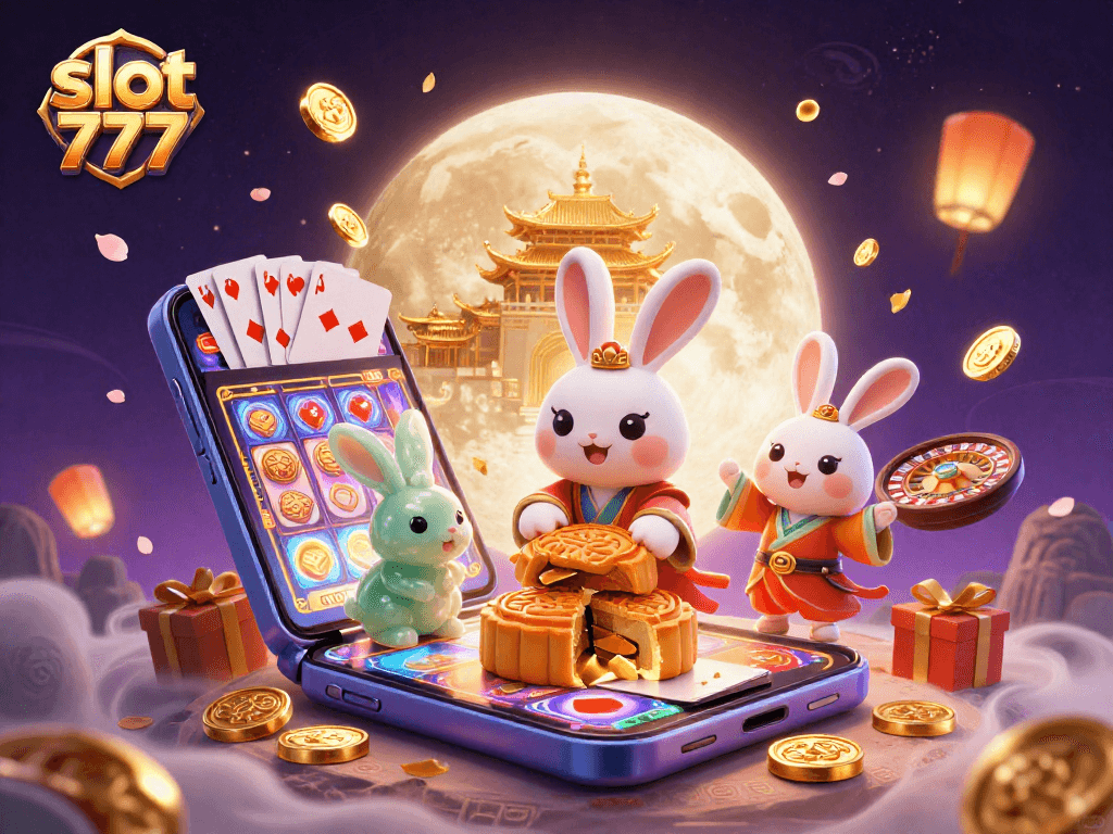Slot 777 menampilkan kelinci bulan tradisional mengolah kue bulan dengan koin poker di latar belakang bulan.