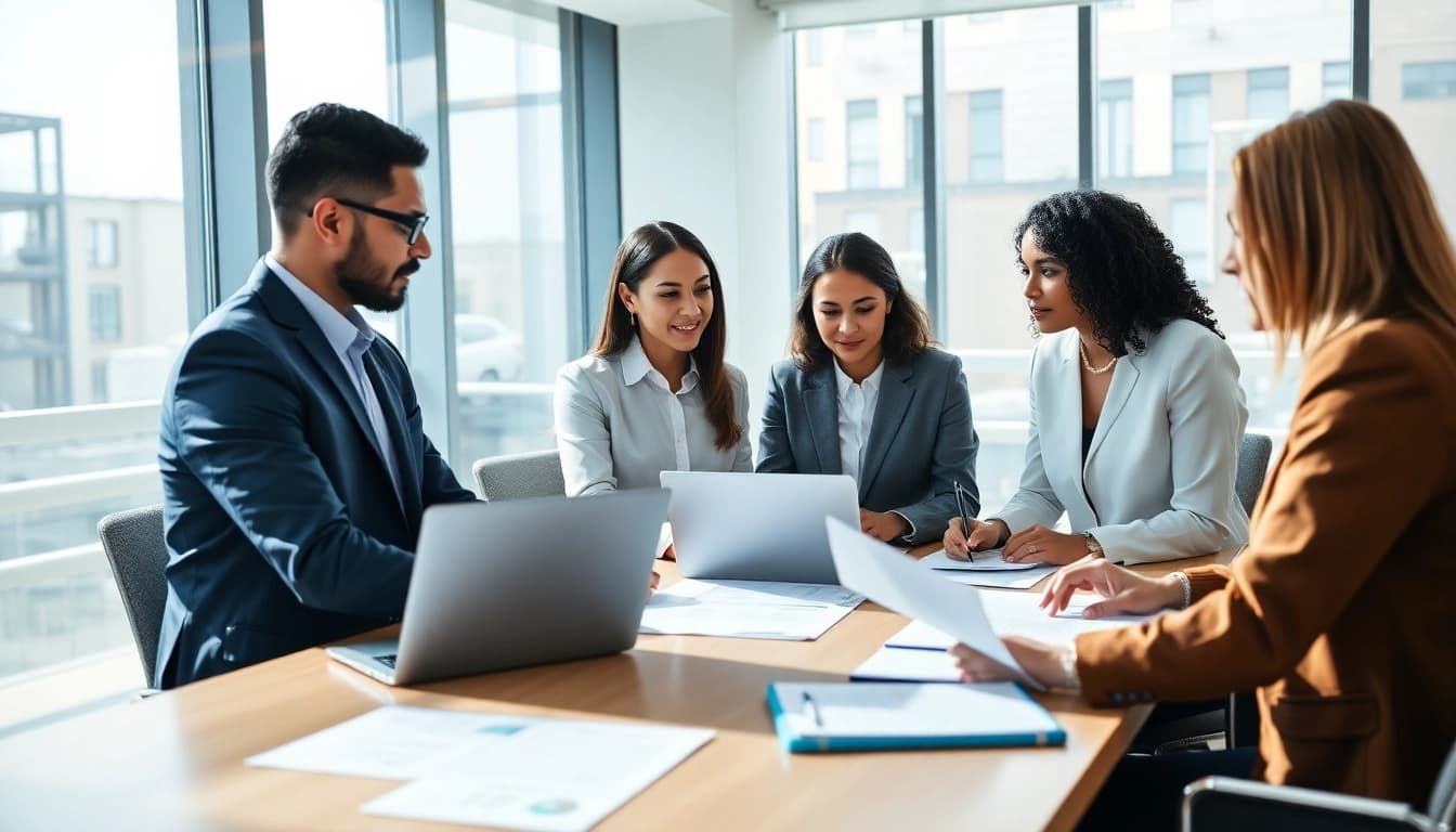 Evaluate pre and post award compliance in a professional office setting with engaged team members discussing strategies.