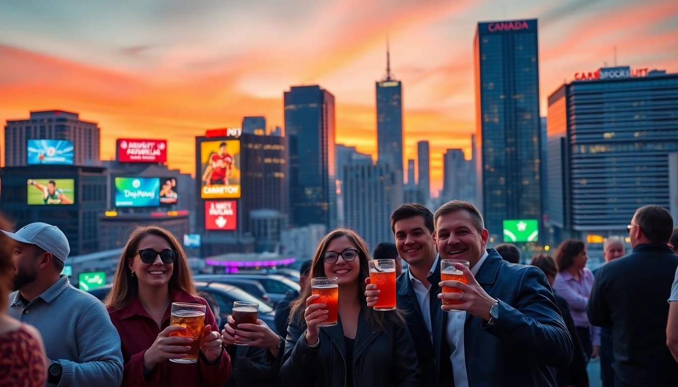 Engaging scene highlighting sportsbooks in Canada with enthusiastic fans enjoying a vibrant sports atmosphere.