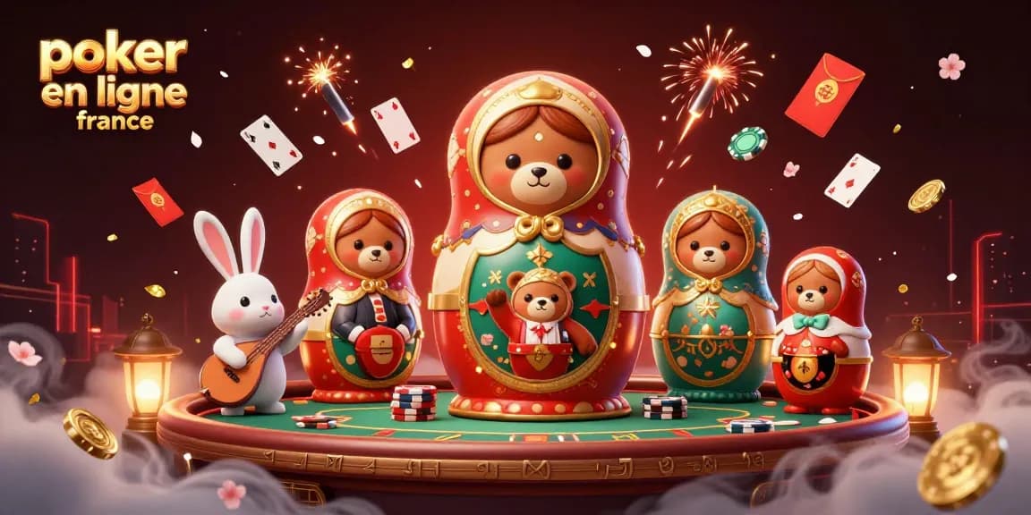 Jouez au poker en ligne France avec des personnages animés sur un fond dynamique et coloré.