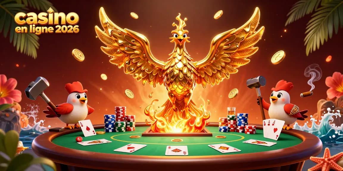 Créer une expérience inédite avec notre illustration de casino en ligne 2026 montrant un phénix d'or, des jetons et une table de poker.