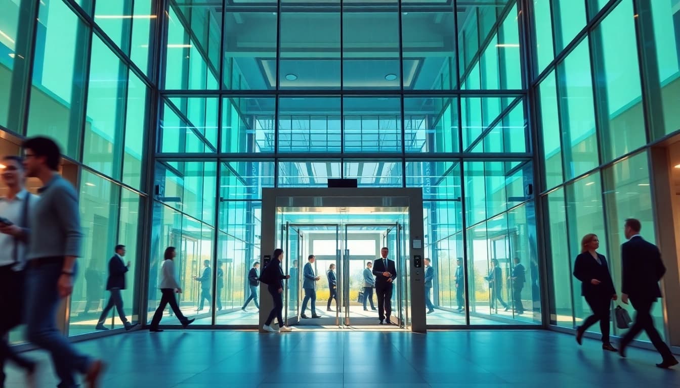 Evolution Entrance Systems showcased at a modern building, emphasizing sleek design and functionality.