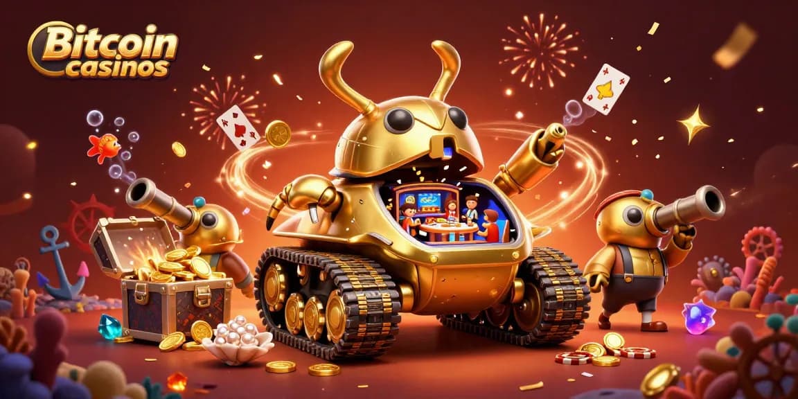 Découvrez les Bitcoin casinos avec un tank en or massif cachant un mini casino vibrant.