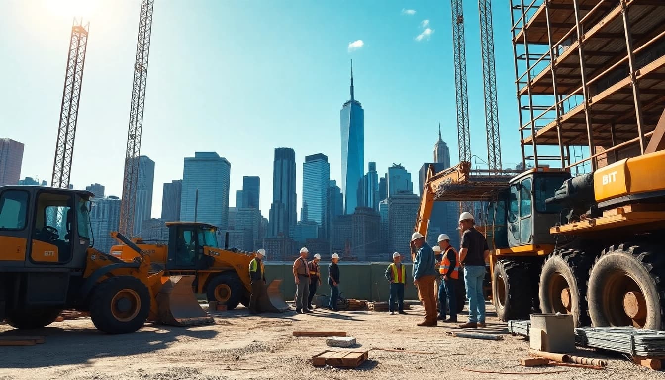 New York City General Contractor team collaborating on an active construction project in a dynamic urban setting.