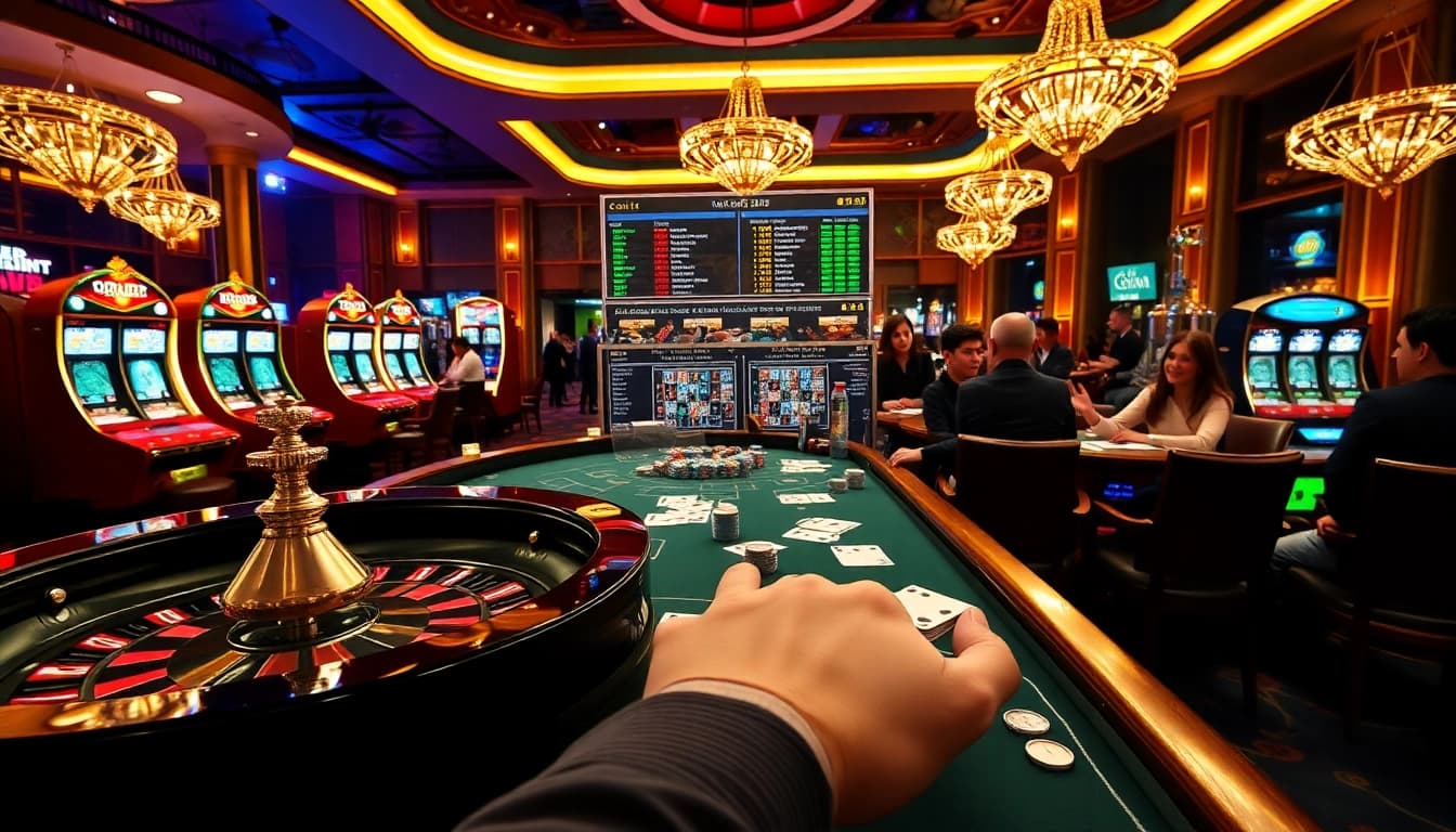 Vivez une action palpitante de casino en ligne Français 2026 avec des tables et des cartes vibrantes, montrant l'excitation.