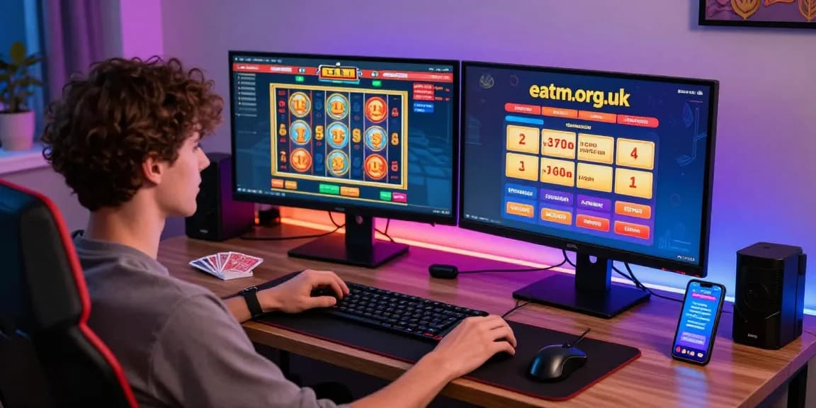 Engaging player exploring credit card casinos at eatm.org.uk with multiple gaming monitors in a vibrant home setting.
