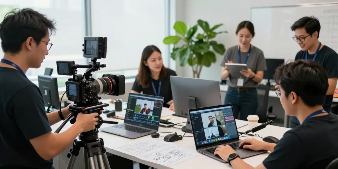 Dynamic Singapore Corporate Video Production team collaborating in a modern studio.