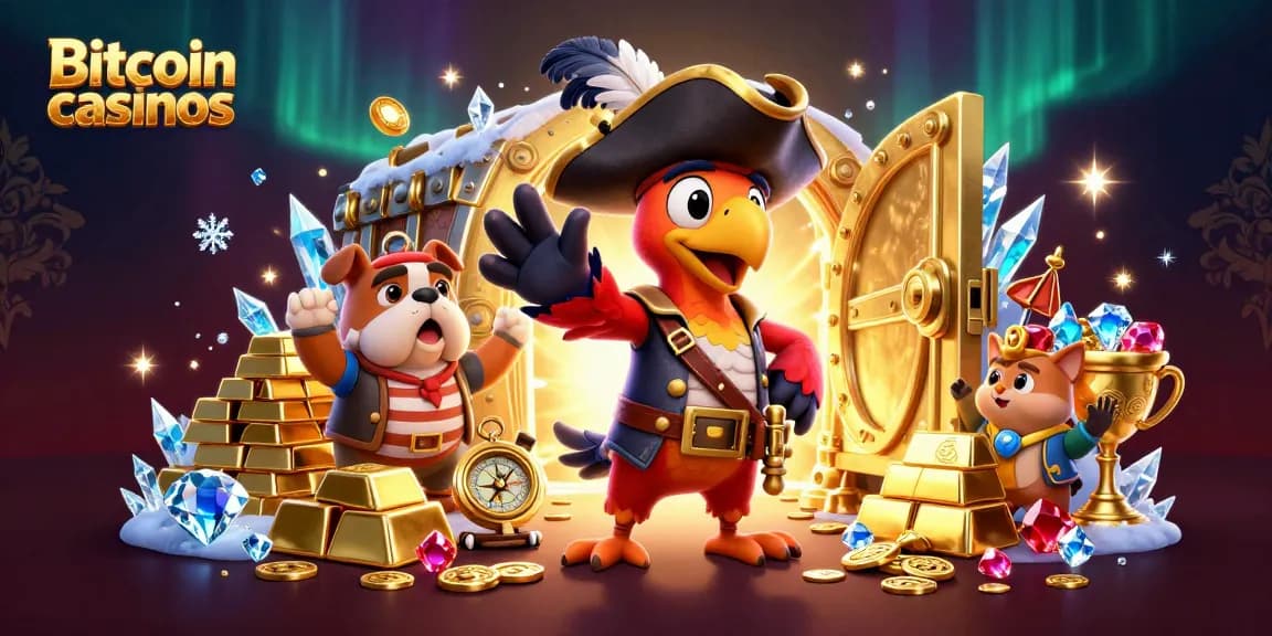 Explorez les meilleurs casinos Bitcoin avec un pirate et ses amis à la recherche de trésors scintillants.