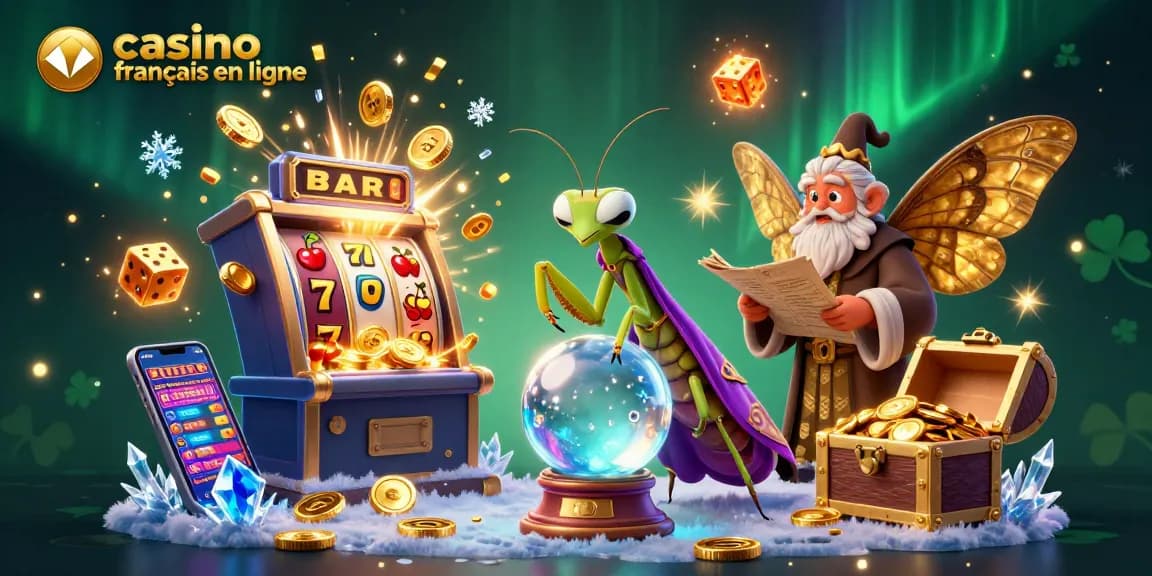 Illustration d'un casino francais en ligne avec un caméléon.fortune et un papillon sage entourés de machines à sous et de trésors brillants