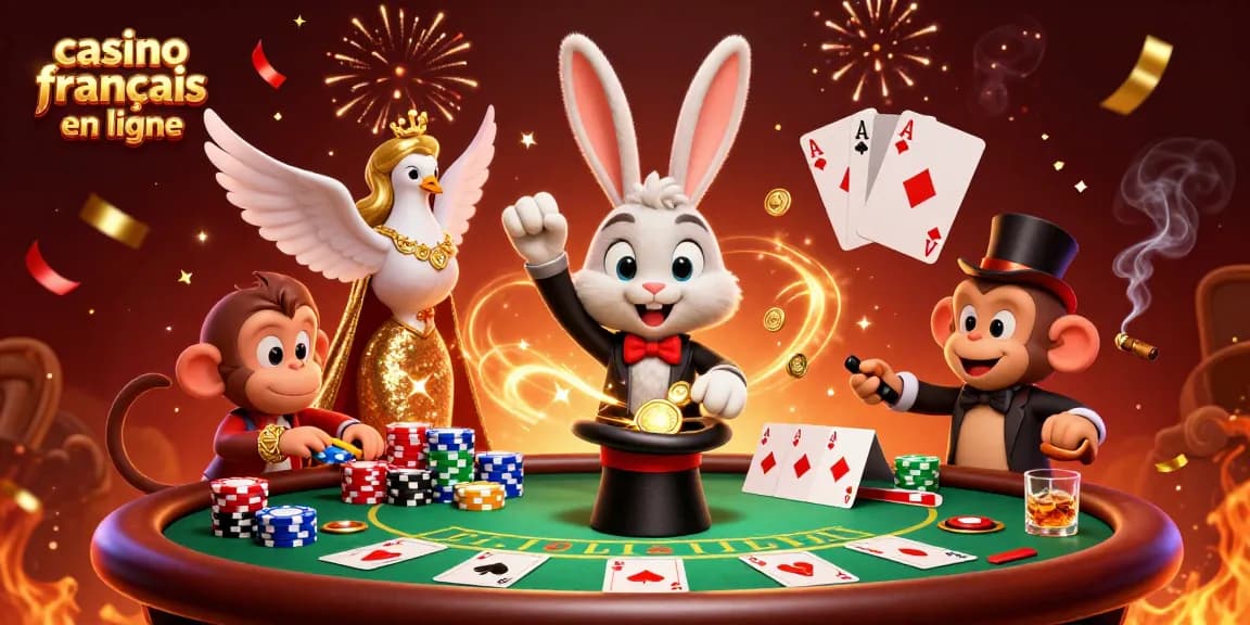 Vente de jetons de poker et pièces d'or par un magicien dans un casino français en ligne.