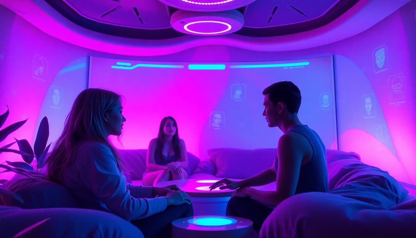 Engaging AI sex chat environment with futuristic characters and inviting ambiance.