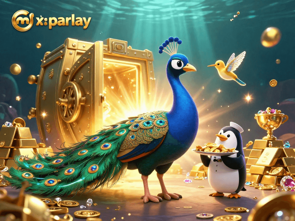 Experience the thrill of mix parlay with an extravagant 3D illustration showcasing a peacock, penguin, and hummingbird in a casino setting.