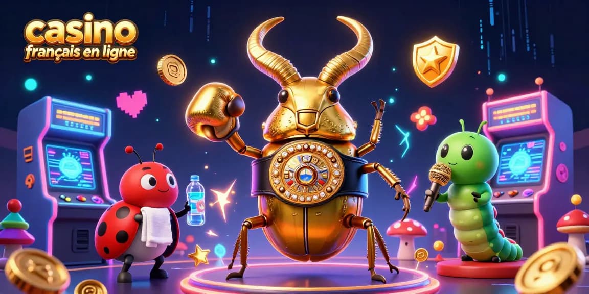 Expérimentez un casino français en ligne dynamique avec un scarabée géant et des éléments de jeu colorés.
