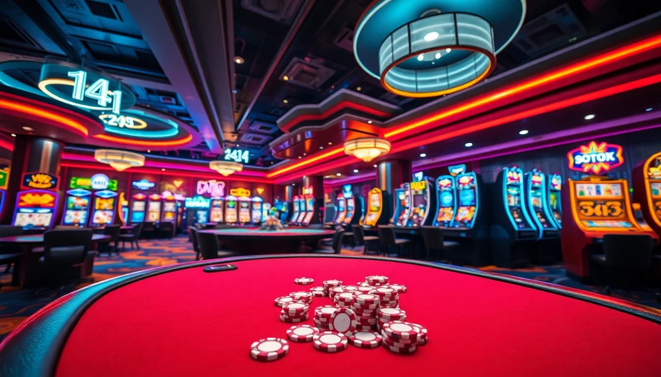 Erleben Sie den neuen casino bonus ohne einzahlung neu in einem lebhaften Casino mit Neonlichtern.