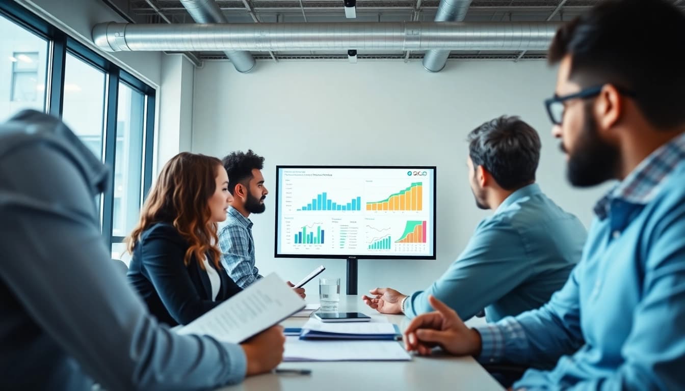 Analyze competitor pricing strategies during a team meeting with charts and graphs in a bright office space.
