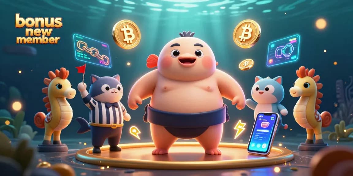 Engage with the bonus new member offers while enjoying a vibrant underwater casino scene with colorful characters.