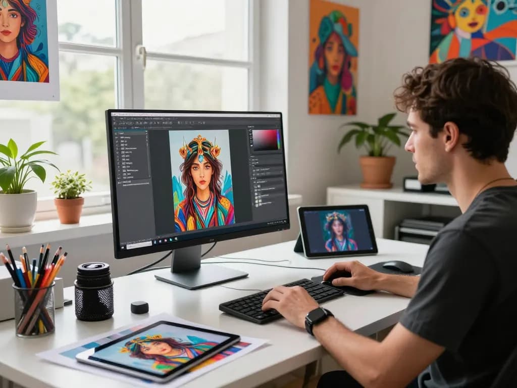 Designer using an image to prompt generator in a vibrant digital art studio, showcasing creativity and technology.
