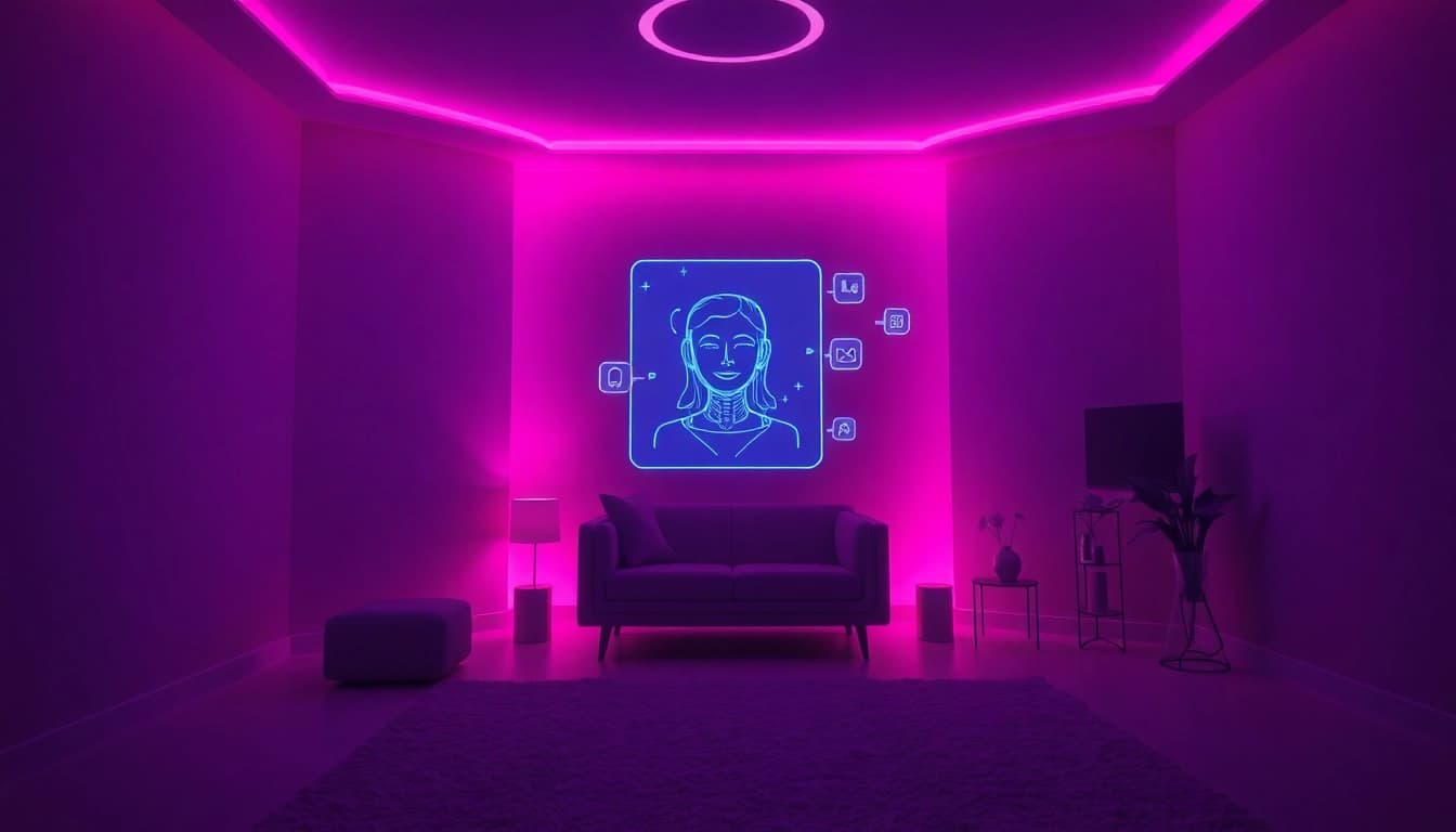 Engaging AI sex chatbot interaction in a futuristic digital setting