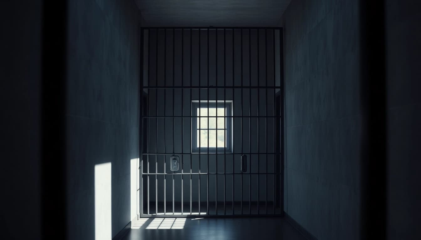 OC Jail cell interior showcasing metal bars and concrete walls, highlighting the themes of confinement and justice.