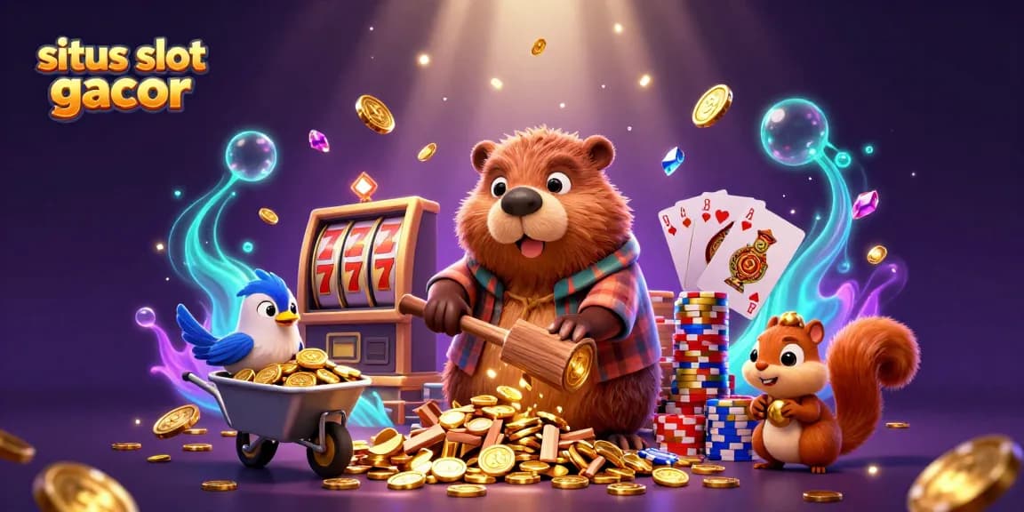 Experience the excitement of situs slot gacor with a whimsical scene of characters celebrating wins and collecting coins.