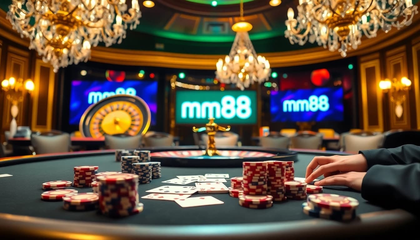Players competing at a luxurious mm88 poker table with vibrant colors and professional ambiance.