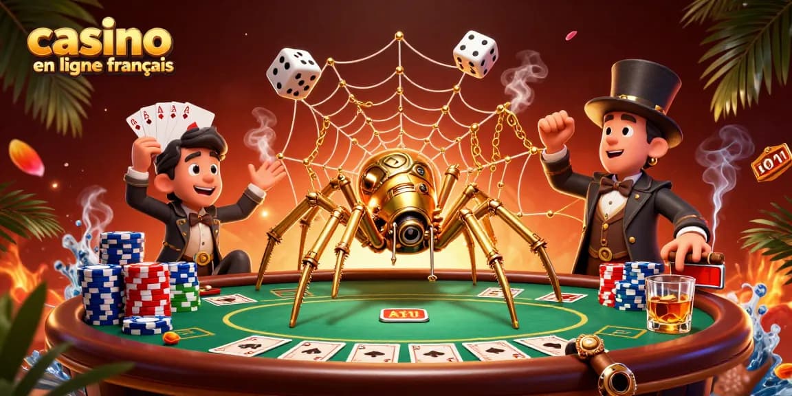 Créer des gains palpitants sur casino en ligne francais avec une araignée dorée accrochant des dés chanceux.