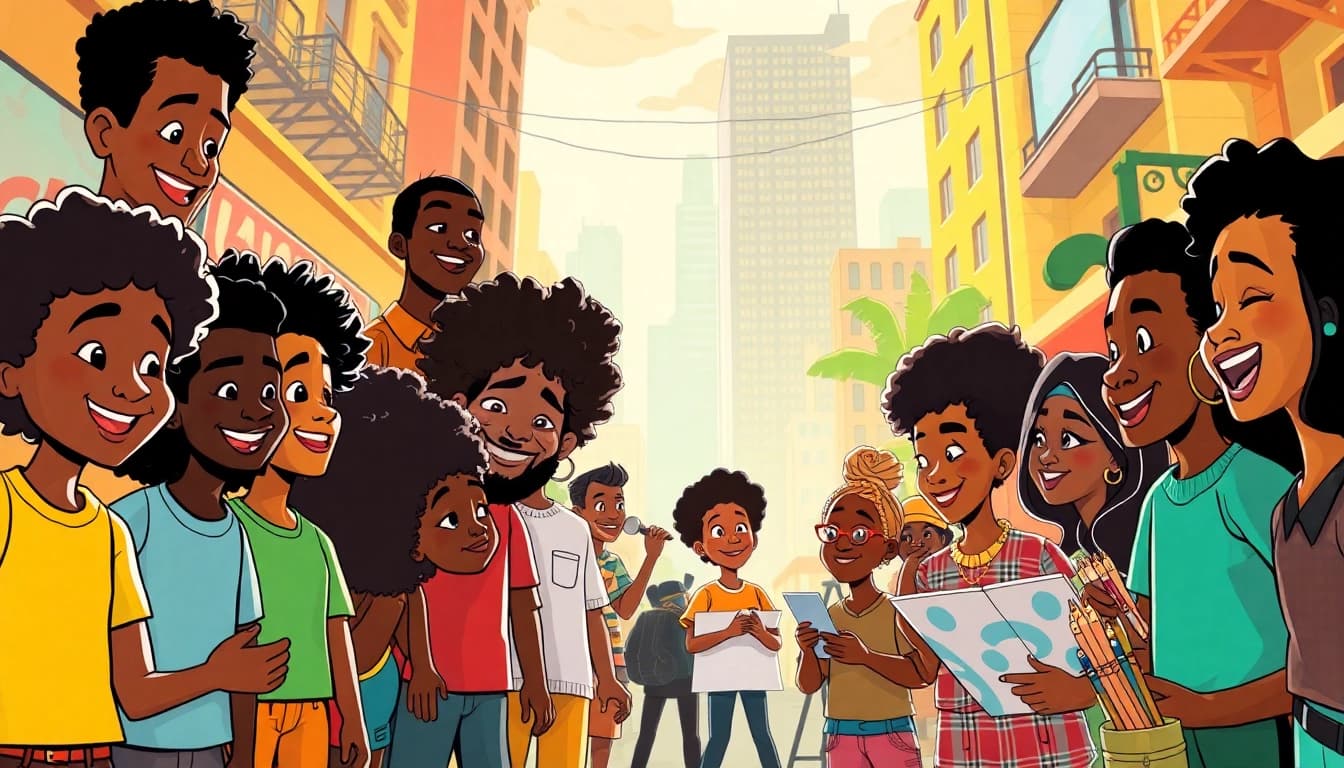 A joyful scene featuring African American Cartoons with diverse characters in a vibrant urban setting.