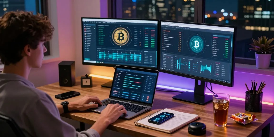 Bitcoin mining platform dashboard in a cozy home office with cryptocurrency metrics and blockchain research notes.