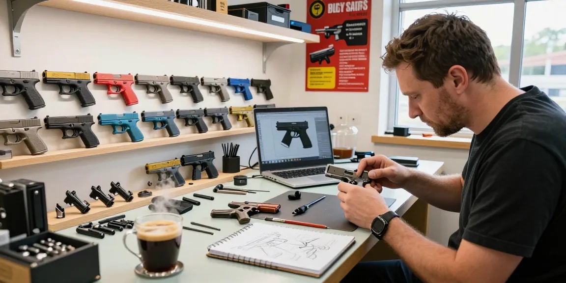 Custom Glock slides showcased at https://precisionglockslides.com, with a skilled gunsmith assembling components in a bright workshop.