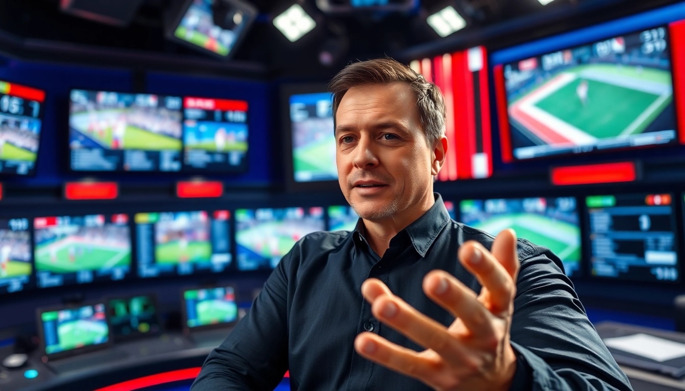 Sports Broadcasting: A dynamic sports broadcaster engaging viewers live from a modern studio.