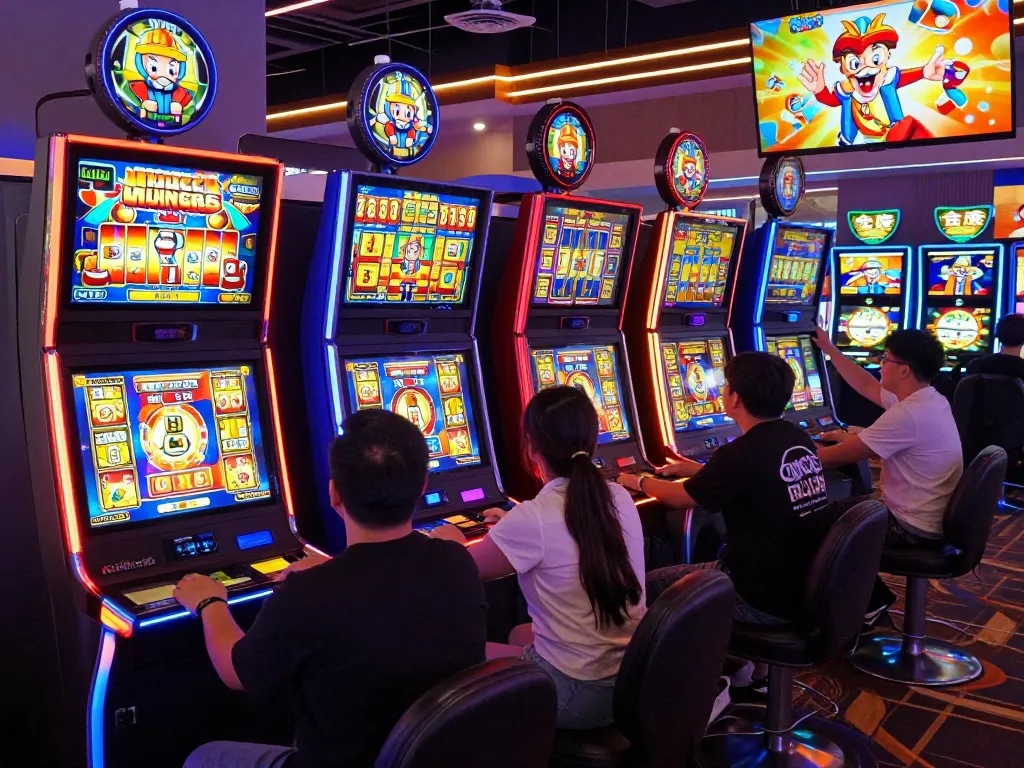 Permainan slot gacor yang mendebarkan dengan pemain merayakan kemenangan di mesin kasino yang cerah.