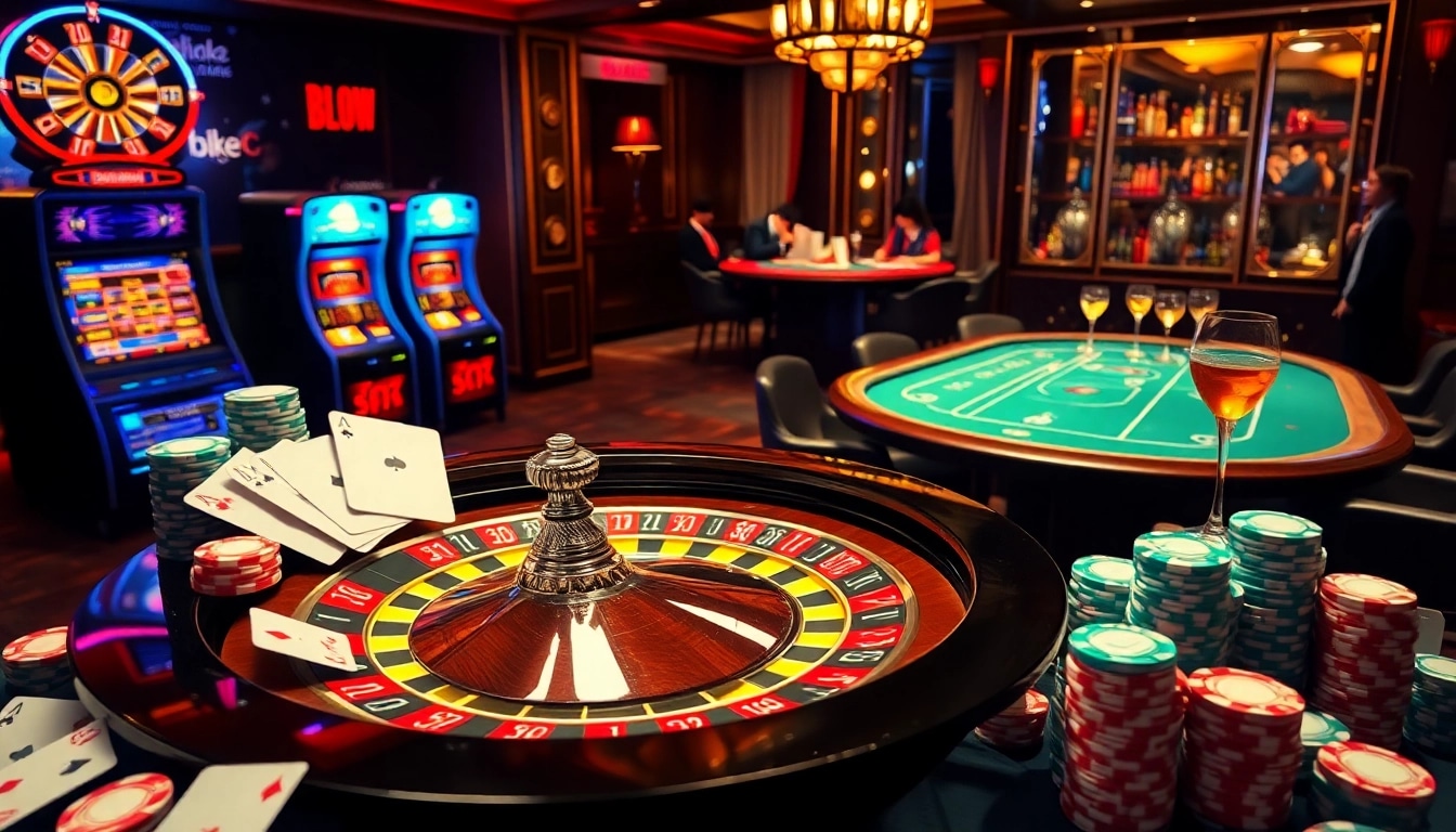Ressentez l'excitation du casino en ligne Français 2026 avec une roue de roulette luxueuse et des jetons de poker vibrants.