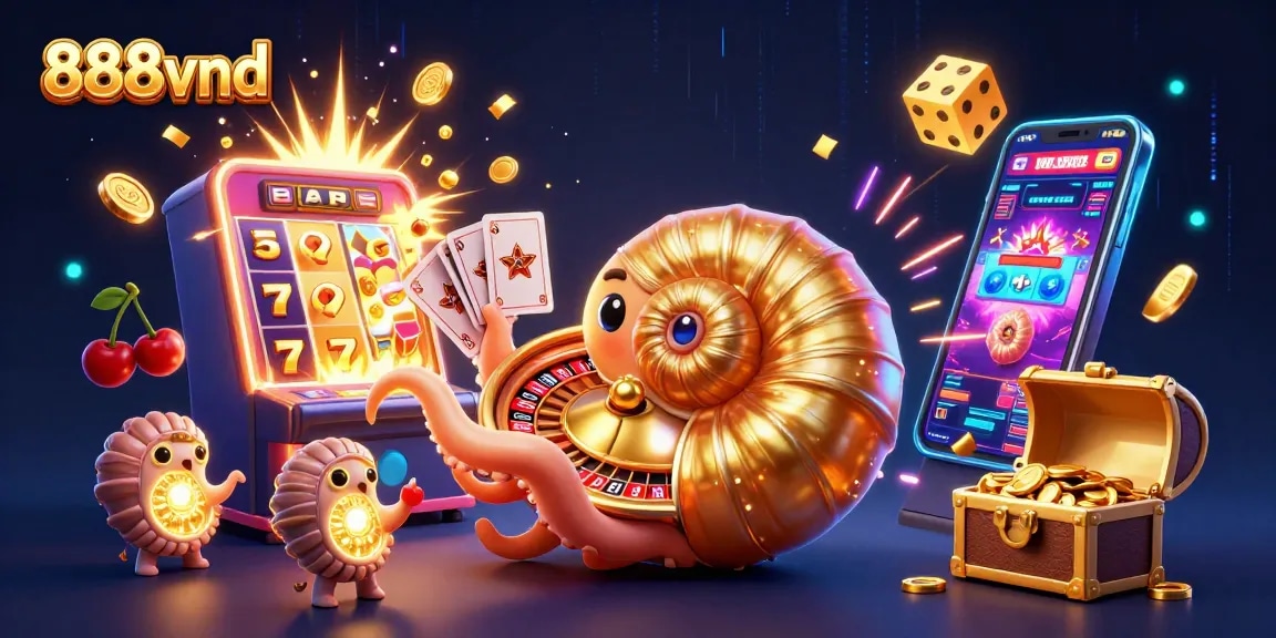 Experience thrilling wins at 888vnd with a festive 3D casino illustration showcasing vibrant games and rewards.