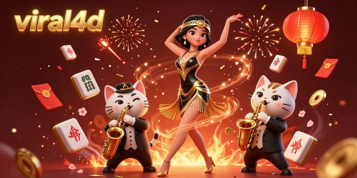 Engage with viral4d through vibrant casino-themed artwork featuring dynamic characters and mahjong tiles.