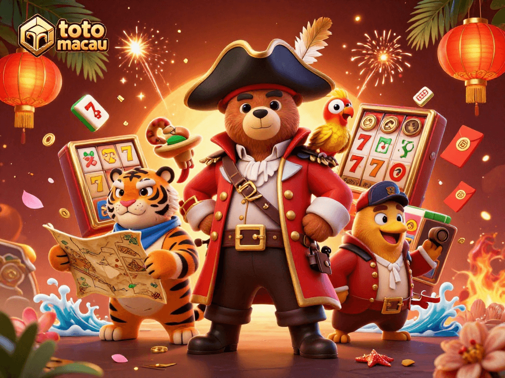Experience thrilling gaming at toto macau with a vibrant illustration of pirate characters and casino elements.