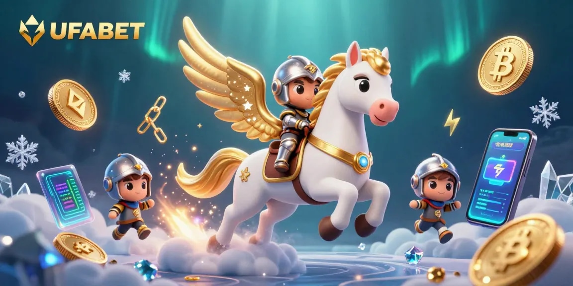 Bet on UFABET with a whimsical cosmic adventure featuring a celestial horse and knight, surrounded by vibrant gaming elements.