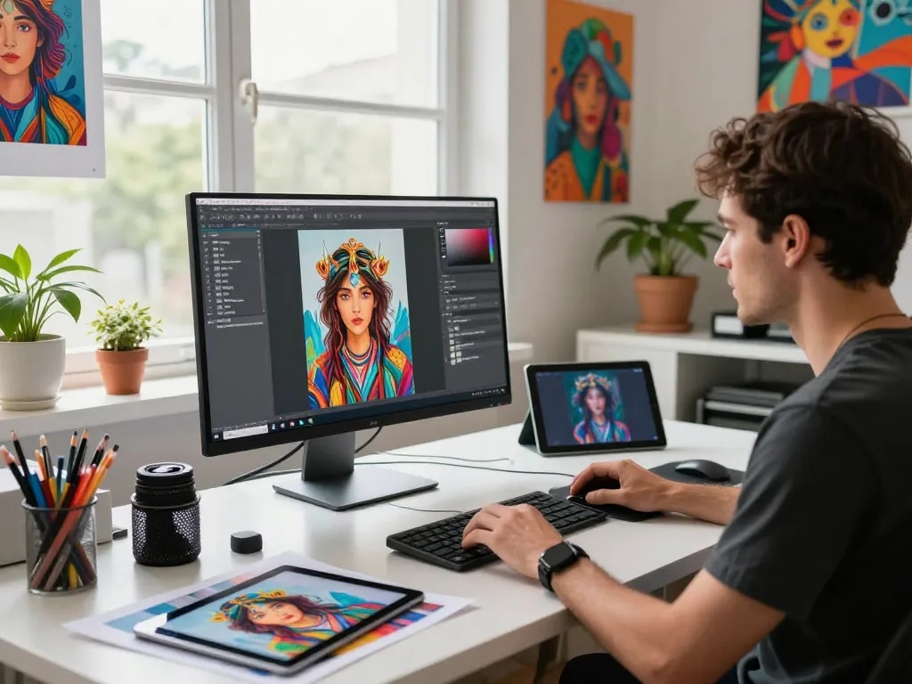 Designer using an image to prompt generator in a vibrant digital art studio, showcasing creativity and technology.