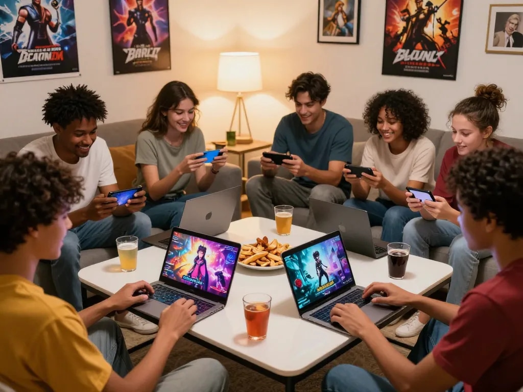 Engaging group playing porno games together on devices in a vibrant living room.