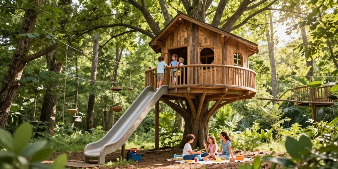 Family enjoying tree house life in a beautifully designed treehouse surrounded by nature.