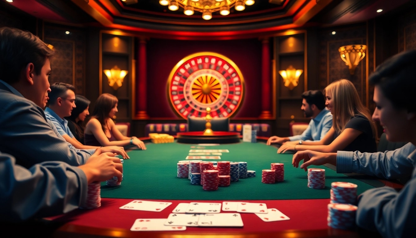 Participez à l'excitation du casino en ligne Français 2026 à une table de poker luxueuse avec des jetons et des cartes vibrants.