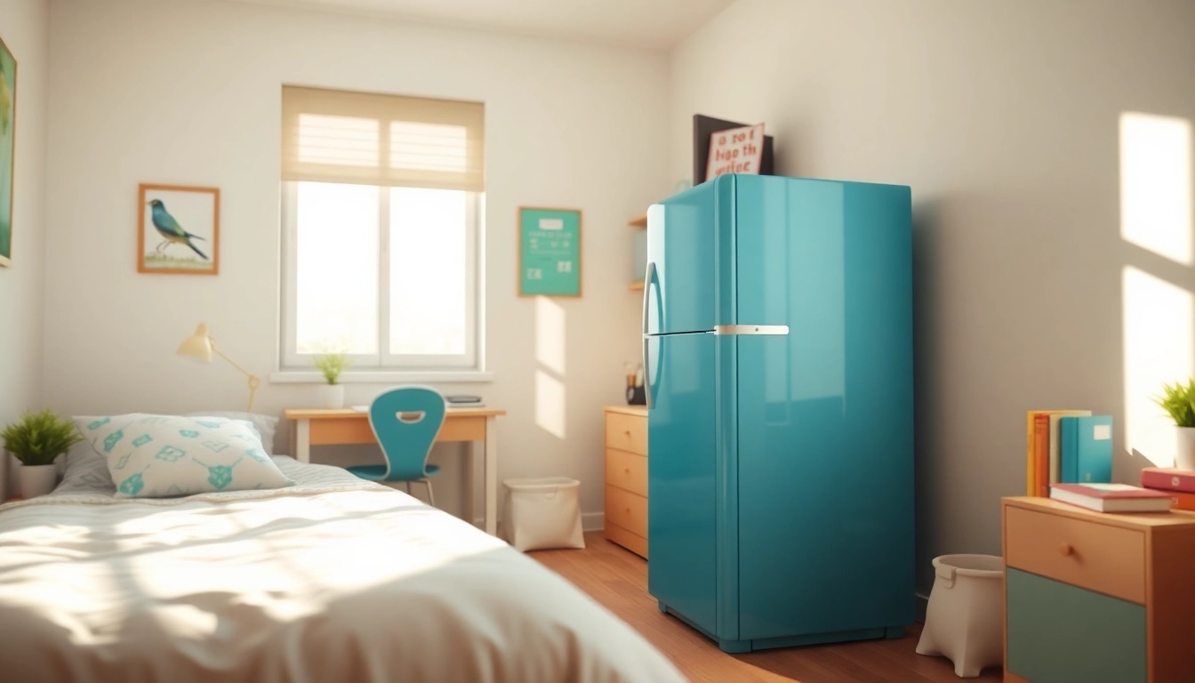 Stylish dorm room fridge in a cozy, well-lit dorm room setting.